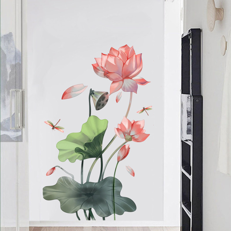 Détails Grand Autocollant Mural Libellule et Fleurs de Lotus