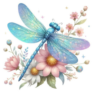 Autocollant Mural PVC Libellule Bleue Scintillante et Fleurs - 4 tailles disponibles