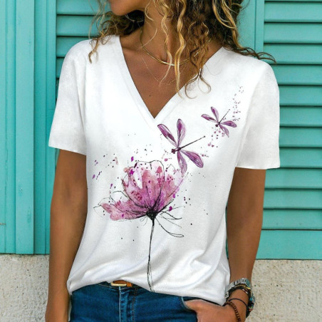 T-shirt libéllule à col V pour femmes avec imprimé fleurs 3D et libellule couleur Rose