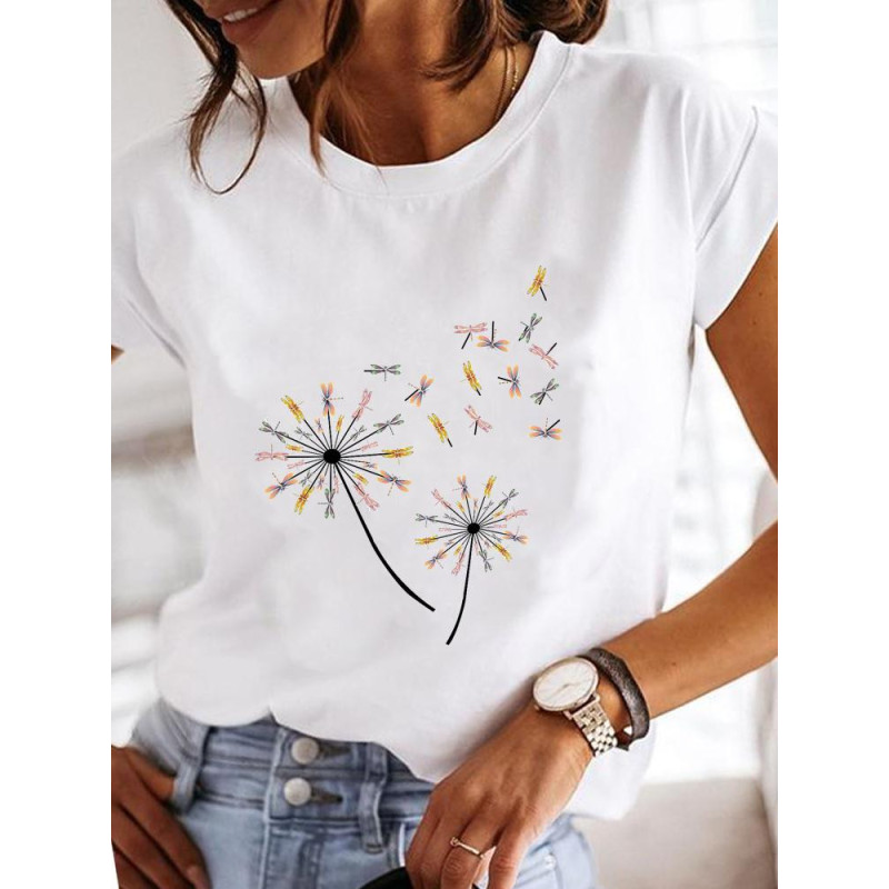 T-shirt libéllule blanc imprimé tournesol et libéllule